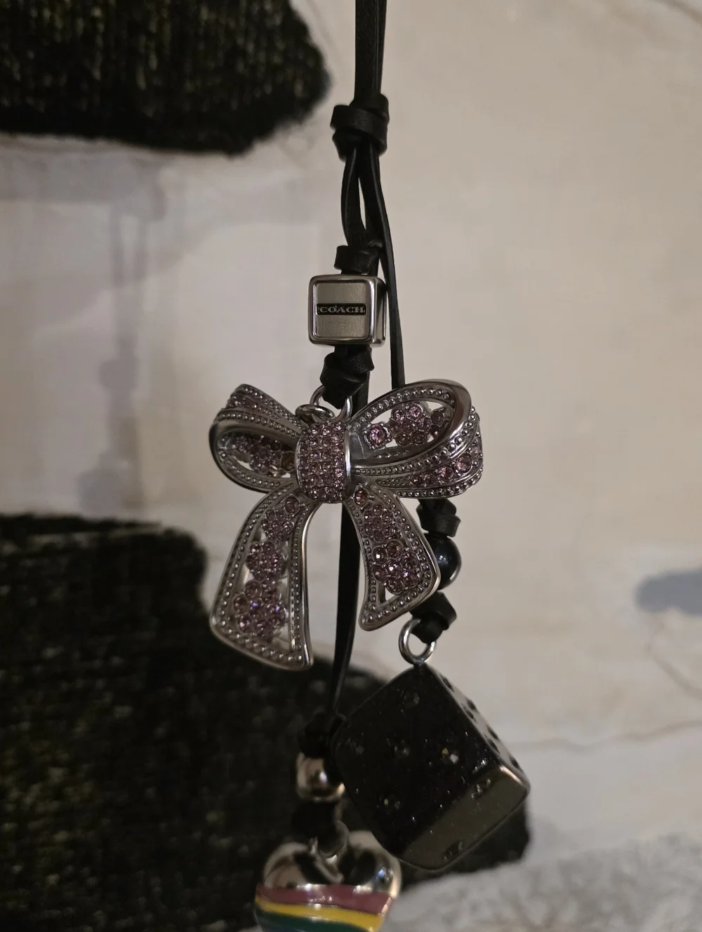 Coach Pink Crystal Bow & Rainbow Heart Key Bag Charm from Loved Leather Rogue